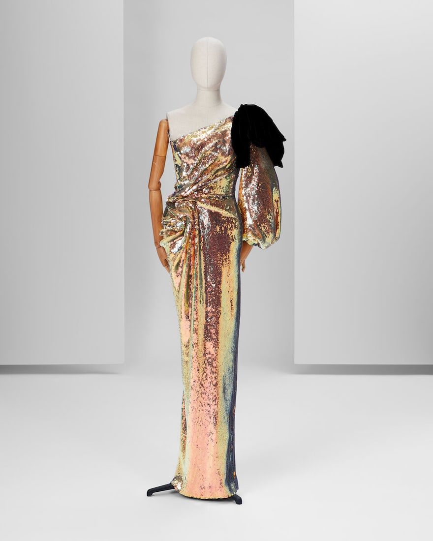 Ralph & Russo Haute Couture: Gold Asymmetrically Draped Gown Autumn/Winter 2019, Runway Look 35: Ralph & Russo Haute Couture: Gold Asymmetrically Draped Gown Autumn/Winter 2019, Runway Look 35 Gold asymmetrically draped gown, featuring neon sequin embellishment, a puff sleeve and bow