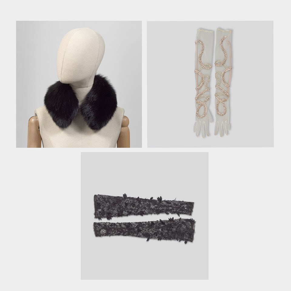 Ralph & Russo Haute Couture Exclusive: Black Fox Fur Collar and Two Pairs of Lace Gloves: Ralph & Russo Haute Couture Exclusive: Black Fox Fur Collar and Two Pairs of Lace Gloves Fox fur collar with double silk satin lining, together with a pair of white tulle gloves with hand embroide