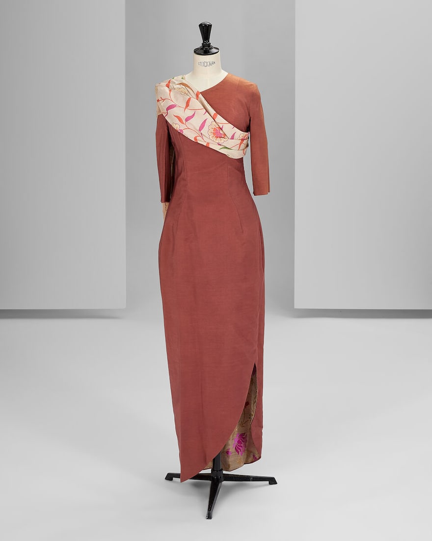 Ralph & Russo Haute Couture Exclusive: Rust Cotton Jacquard Pencil Dress: Ralph & Russo Haute Couture Exclusive: Rust Cotton Jacquard Pencil Dress Plain cotton jacquard pencil dress with three-quarter length sleeves and round front slit at knee level showing the
