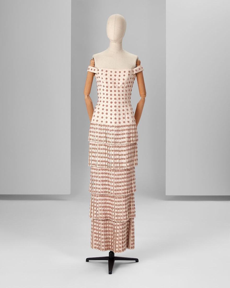 Ralph & Russo Haute Couture: Pale Pink Silk Crêpe Tiered Gown Spring/Summer 2017, Runway Lo: Ralph & Russo Haute Couture: Pale Pink Silk Crêpe Tiered Gown Spring/Summer 2017, Runway Look 35 Pale pink silk crêpe off-the-shoulder gown with pleated tiered skirt, featuring ostrich