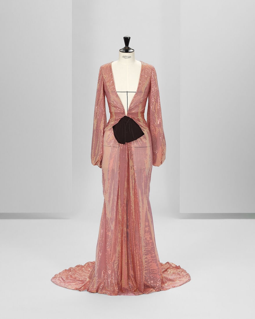 Ralph & Russo Haute Couture: Rose Gold Sequin Dress Autumn/Winter 2019, Runway Look 30: Ralph & Russo Haute Couture: Rose Gold Sequin Dress Autumn/Winter 2019, Runway Look 30 Rose gold silk chiffon draped gown, featuring a plunging neckline and thigh-high slit embellished with metall