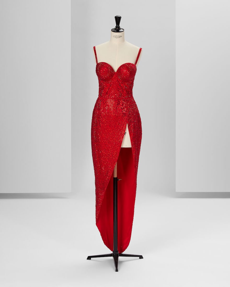 Ralph & Russo Haute Couture Exclusive: Red Embellished Corset Gown: Ralph & Russo Haute Couture Exclusive: Red Embellished Corset Gown Bright red silk crêpe strap corset dress featuring high slit and exaggerated padded bust, all over embellished with hand hot