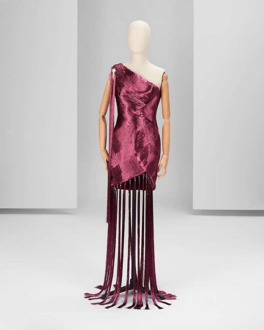 Ralph & Russo Haute Couture Exclusive: Burgundy Asymmetric Mini Fringe Dress: Ralph & Russo Haute Couture Exclusive: Burgundy Asymmetric Mini Fringe Dress Burgundy asymmetric mini dress embellished with handmade silk thread fringes arranged in a geometric design, finished