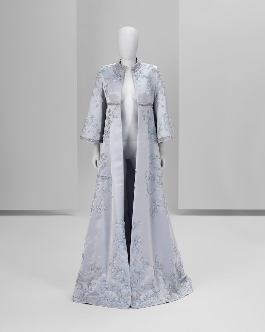 Ralph & Russo Haute Couture: Ice Blue Duchesse Coat Spring/Summer 2018, Runway Look 13: Ralph & Russo Haute Couture: Ice Blue Duchesse Coat Spring/Summer 2018, Runway Look 13 Ice blue double duchesse coat adorned with 3D Swarovski jewelled leaves, Japanese pearls, silk floss flowers