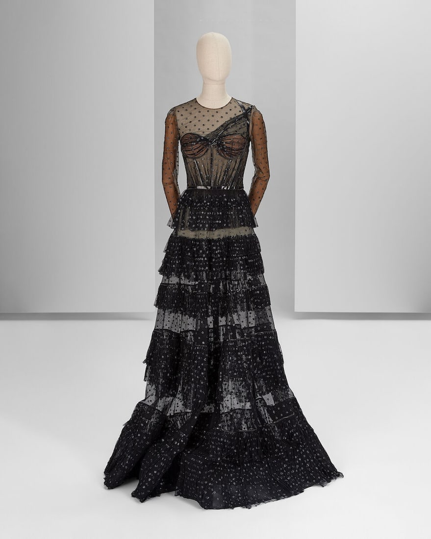 Ralph & Russo Haute Couture: Black Glitter Polka Dot Tulle Gown Autumn/Winter 2018, Runway Look : Ralph & Russo Haute Couture: Black Glitter Polka Dot Tulle Gown Autumn/Winter 2018, Runway Look 45 Featuring hand ruched tiered skirt and exposed corset, enhanced by black patent