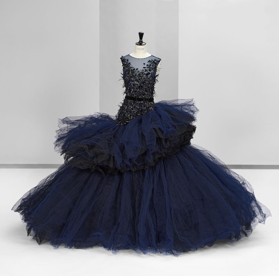 Ralph & Russo Haute Couture: Midnight Blue Pleated Tulle Ballgown Autumn/Winter 2014, Runway Loo: Ralph & Russo Haute Couture: Midnight Blue Pleated Tulle Ballgown Autumn/Winter 2014, Runway Look 34 Midnight blue pleated tulle asymmetric ballgown with crystal, velvet and feather