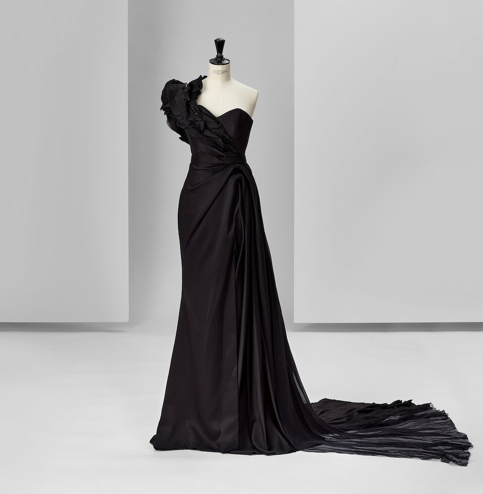 Ralph & Russo Haute Couture: Black Double Satin Draped Gown Spring/Summer 2020, Runway Look 14: Ralph & Russo Haute Couture: Black Double Satin Draped Gown Spring/Summer 2020, Runway Look 14 Black double satin asymmetrically draped gown, featuring structured organza and gazar frills, a thigh