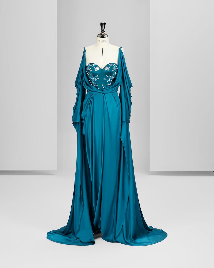 Ralph & Russo Haute Couture Exclusive: Teal Satin Embroidered Corset Gown: Ralph & Russo Haute Couture Exclusive: Teal Satin Embroidered Corset Gown Teal double satin gown with hand embroidered floral silk thread work bustier Approximate measurements: Corset: chest
