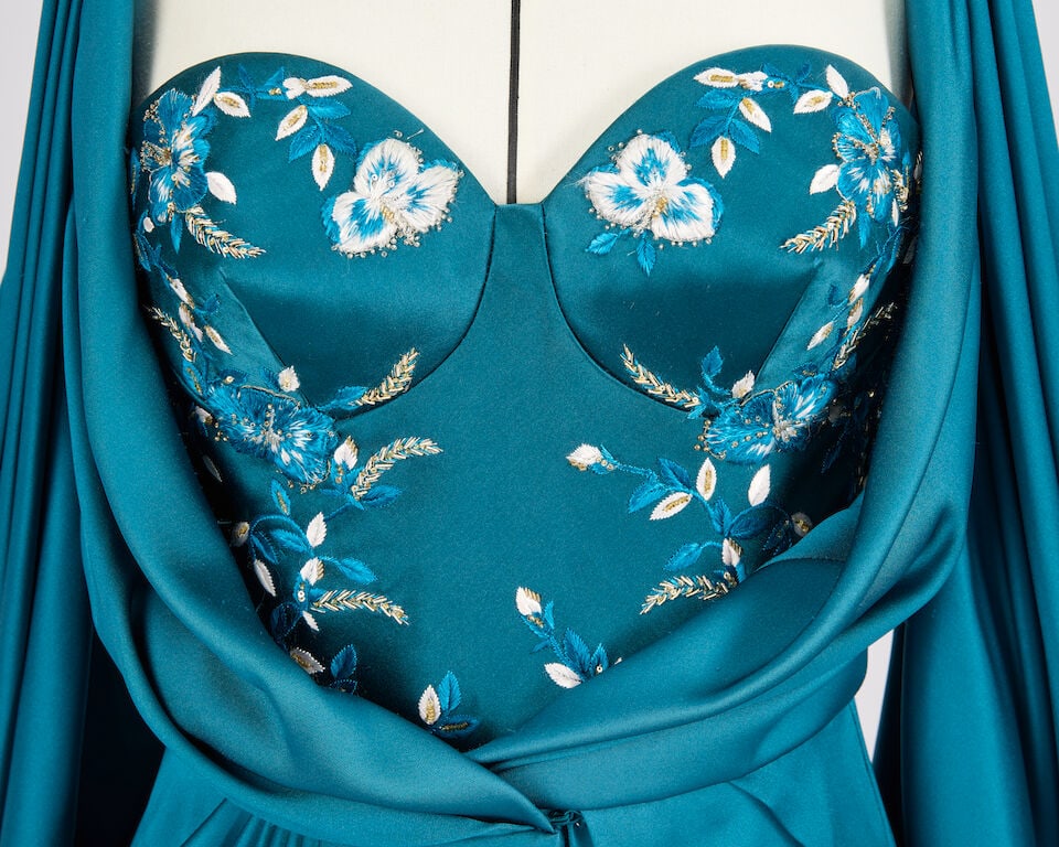 Ralph & Russo Haute Couture Exclusive: Teal Satin Embroidered Corset Gown - 2