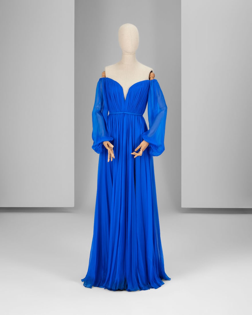 Ralph & Russo Ready to Wear: Cobalt Blue Hand Pleated Silk Chiffon Off-The-Shoulder Gown: Ralph & Russo Ready to Wear: Cobalt Blue Hand Pleated Silk Chiffon Off-The-Shoulder Gown Plunging heart-shape neckline and long bell sleeves Labelled size 36, approximate dress measurements: