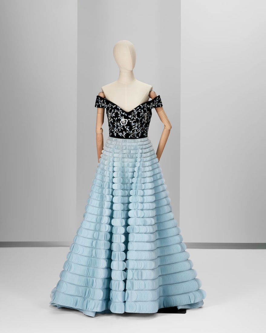 Ralph & Russo Haute Couture Exclusive: Aquamarine Silk Organza Ballgown: Ralph & Russo Haute Couture Exclusive: Aquamarine Silk Organza Ballgown Aquamarine organza ballgown with a hand-embroidered structured off-the-shoulder bodice and wide rounded skirt, embellished w
