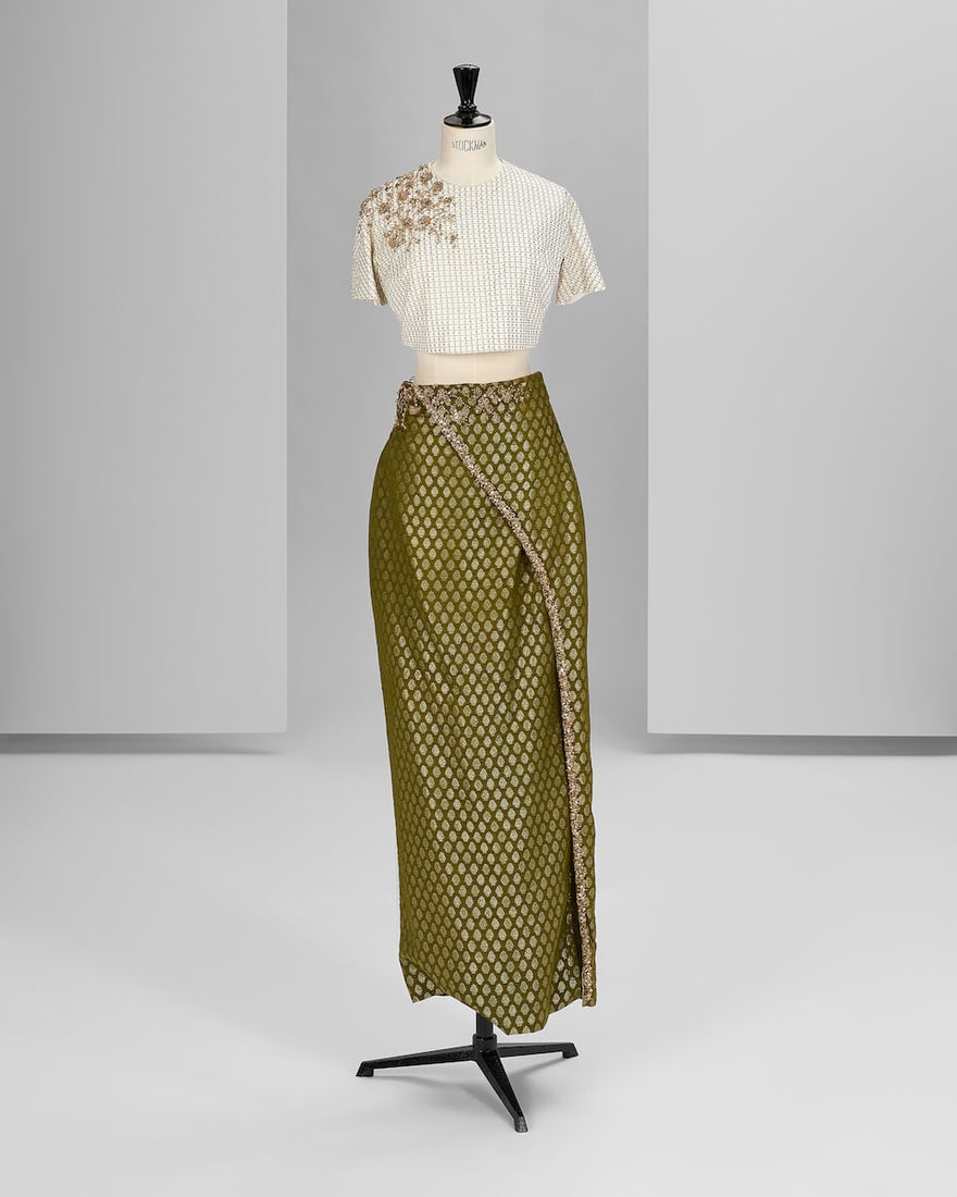 Ralph & Russo Haute Couture Exclusive: Olive Green Skirt and Top: Ralph & Russo Haute Couture Exclusive: Olive Green Skirt and Top Contemporary sari wrap over skirt in olive green and gold cotton jacquard in a diamond design and hand embroidered edges with cryst