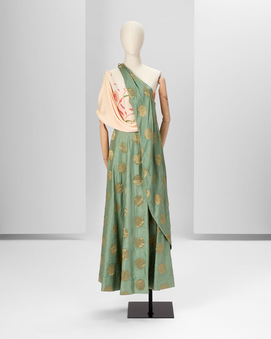 Ralph & Russo Haute Couture Exclusive: Green Cotton Jacquard Dress: Ralph & Russo Haute Couture Exclusive: Green Cotton Jacquard Dress Green and gold cotton jacquard asymmetric midi sari dress with round godet skirt, featuring a trap corset insert in a