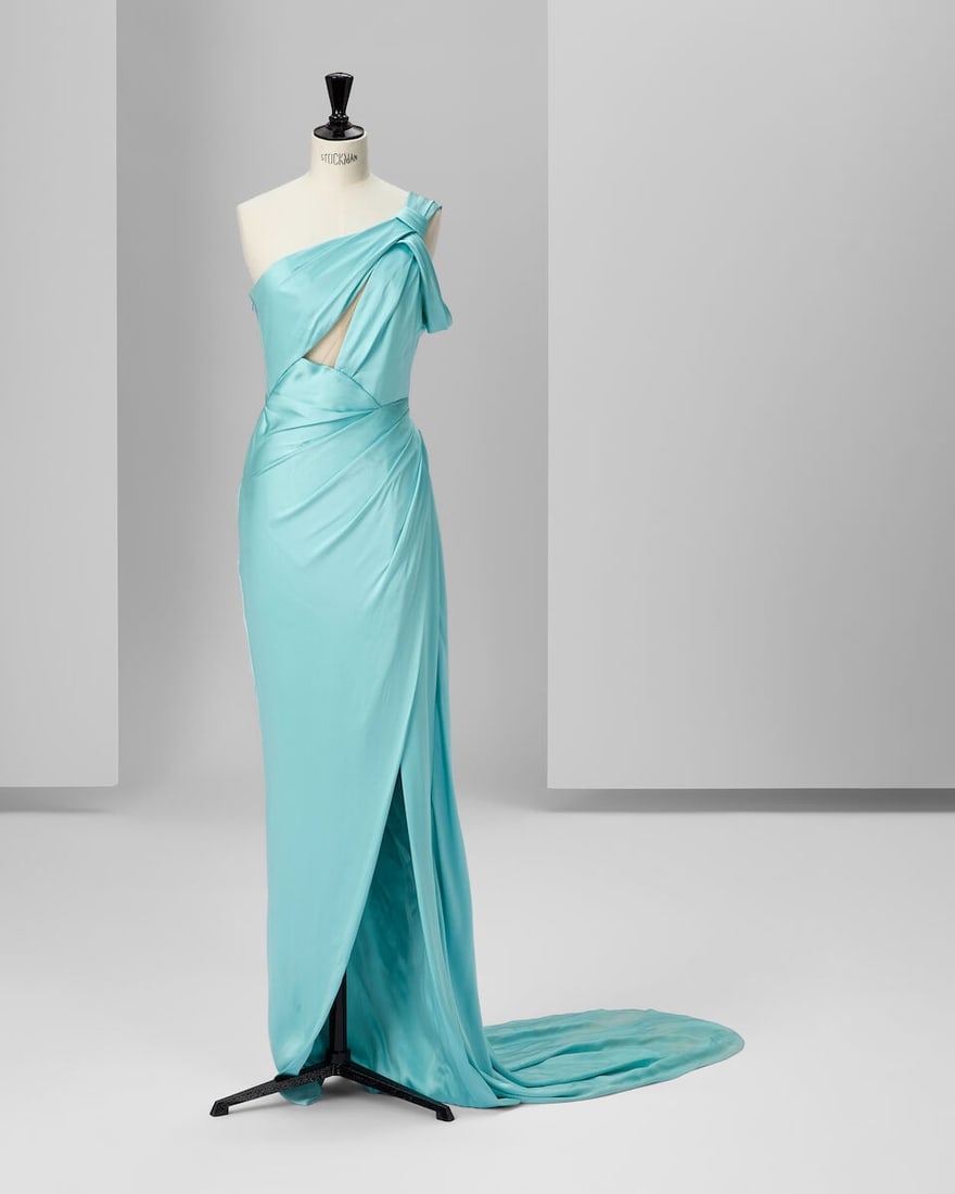 Ralph & Russo Haute Couture: Aqua Satin Draped Gown Autumn/Winter 2017, Runway Look 47: Ralph & Russo Haute Couture: Aqua Satin Draped Gown Autumn/Winter 2017, Runway Look 47 Aqua double satin gown with triangular keyhole and asymmetric draped pleating Approximate measurements: