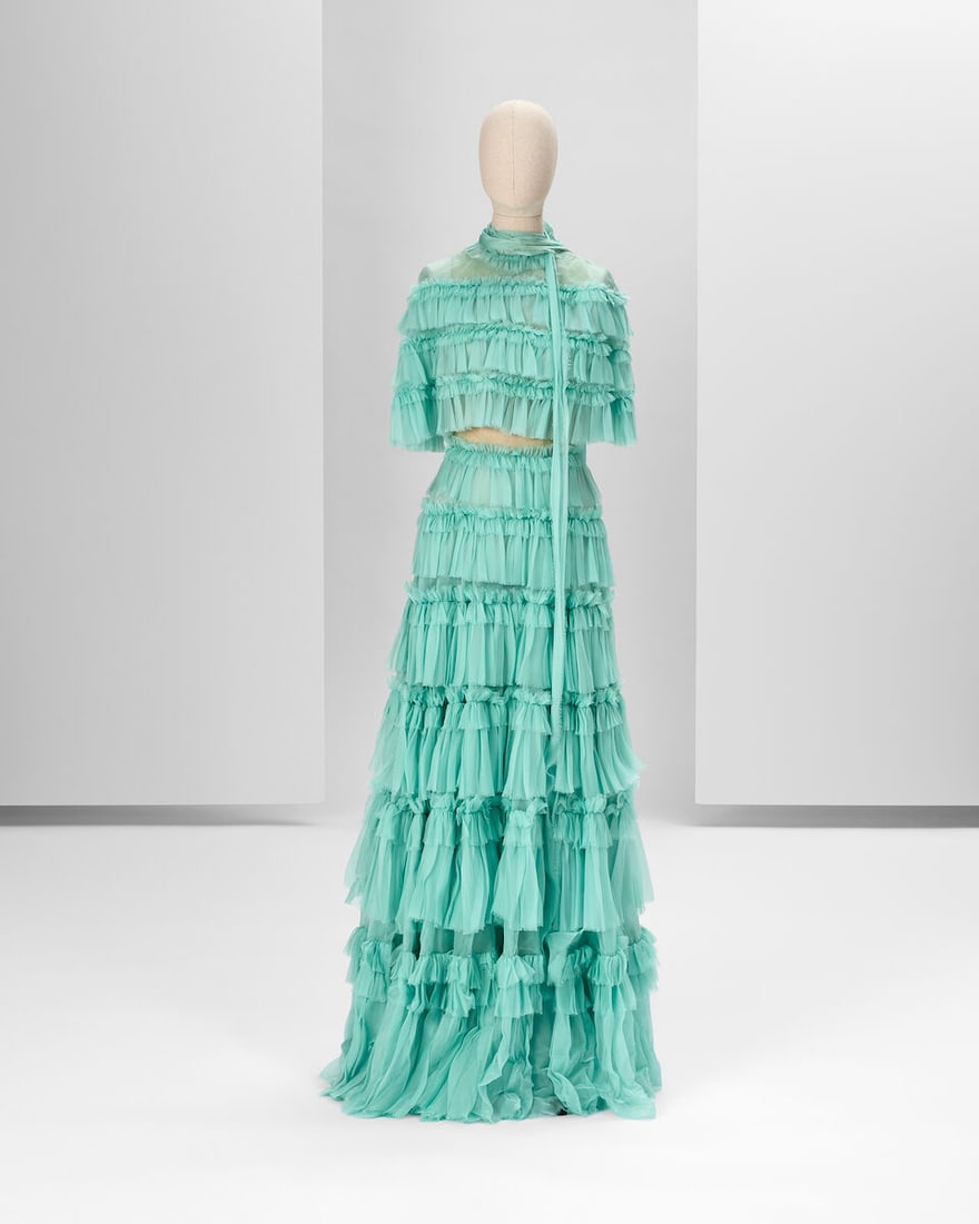 Ralph & Russo Haute Couture: Oceana Silk Chiffon Layered Skirt and Cape Spring/Summer 2020, Runw: Ralph & Russo Haute Couture: Oceana Silk Chiffon Layered Skirt and Cape Spring/Summer 2020, Runway Look 2 Oceana silk chiffon layered skirt with tiers of hand frayed frills, accompanied by a