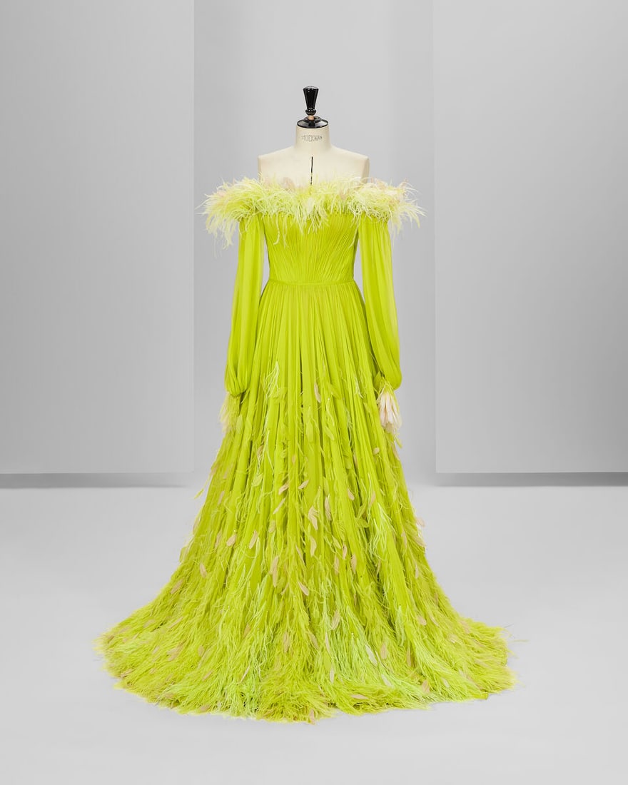 Ralph & Russo Haute Couture: Chartreuse Silk Chiffon Gown Spring/Summer 2020, Runway Look 12: Ralph & Russo Haute Couture: Chartreuse Silk Chiffon Gown Spring/Summer 2020, Runway Look 12 Chartreuse silk chiffon bell sleeve gown, featuring hand pleated details, enriched with crystals,