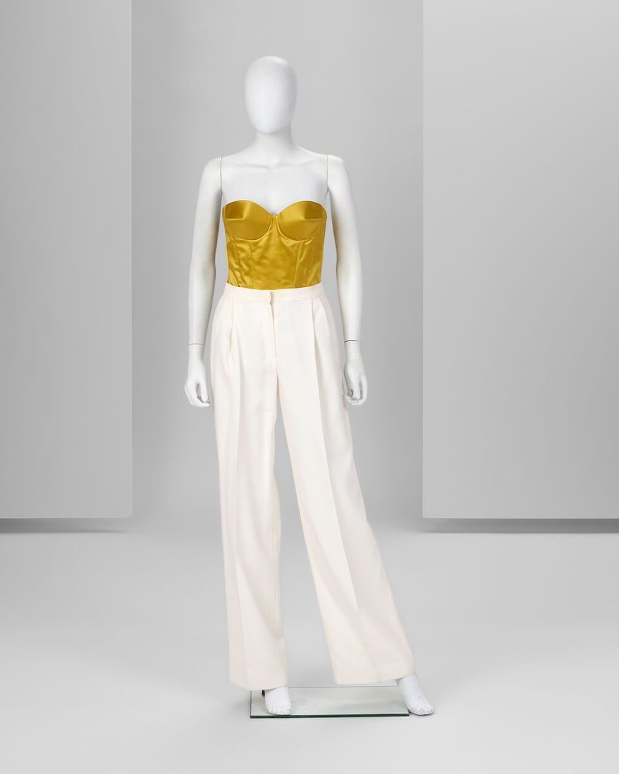 Ralph & Russo Haute Couture: White Silk Crêpe Trousers and Yellow Gold Double Silk Satin Bo: Ralph & Russo Haute Couture: White Silk Crêpe Trousers and Yellow Gold Double Silk Satin Bodice Trousers: Autumn/Winter 2019, Runway Look 1 (2) Approximate measurements: Bodice: chest 31', wa