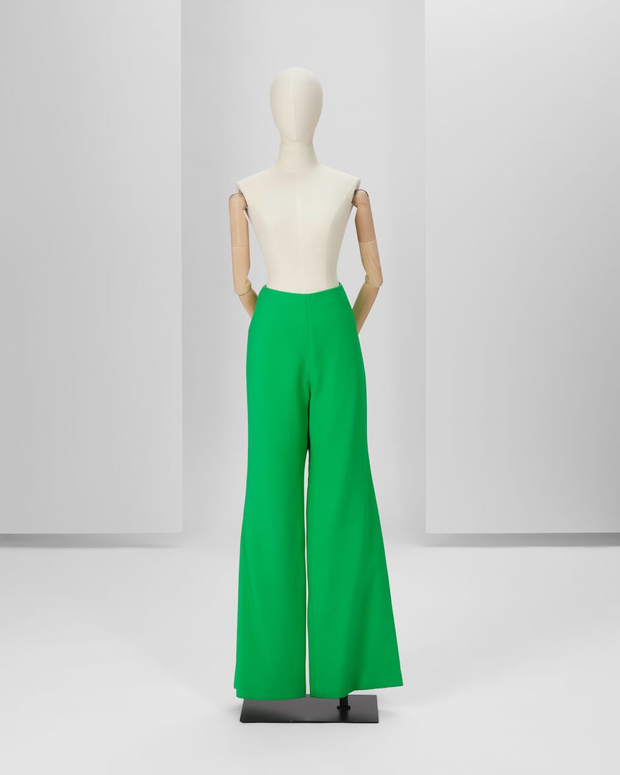 Ralph & Russo Haute Couture Exclusive: Grass Green Trousers: Ralph & Russo Haute Couture Exclusive: Grass Green Trousers Grass green wool crêpe wide leg trousers with side zip and no waistband Approximate measurements: Waist 28', hips 42', length at