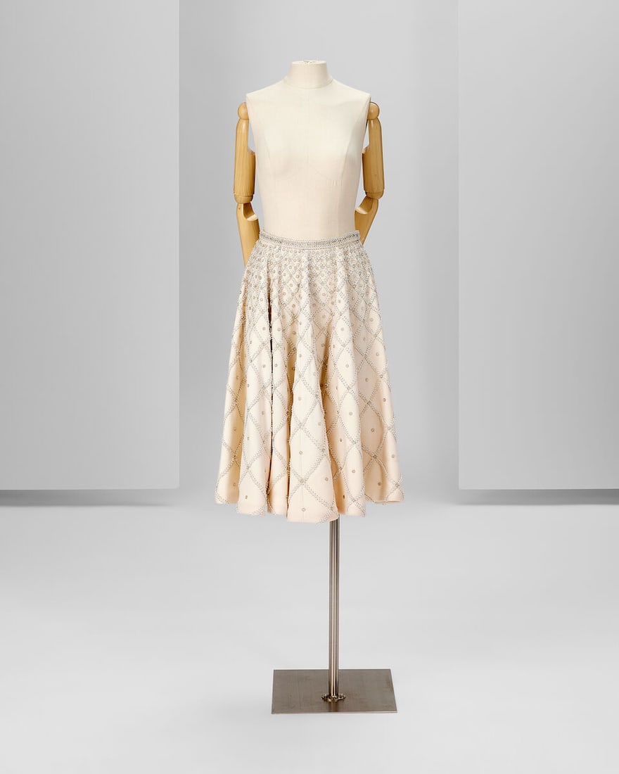 Ralph & Russo Haute Couture Exclusive: Off-White Wool Crêpe Embellished Skirt: Ralph & Russo Haute Couture Exclusive: Off-White Wool Crêpe Embellished Skirt Off-white wool crêpe wide round skirt with pearl and crystal embellishment Approximate measurements: Waist 2