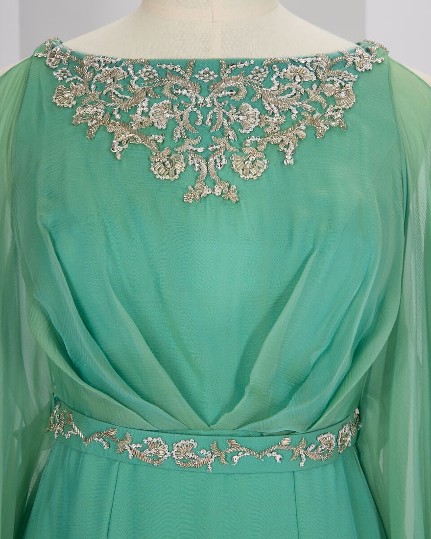 Ralph & Russo Haute Couture Exclusive: Light Teal Textured Silk Chiffon Fishtail Dress - 2