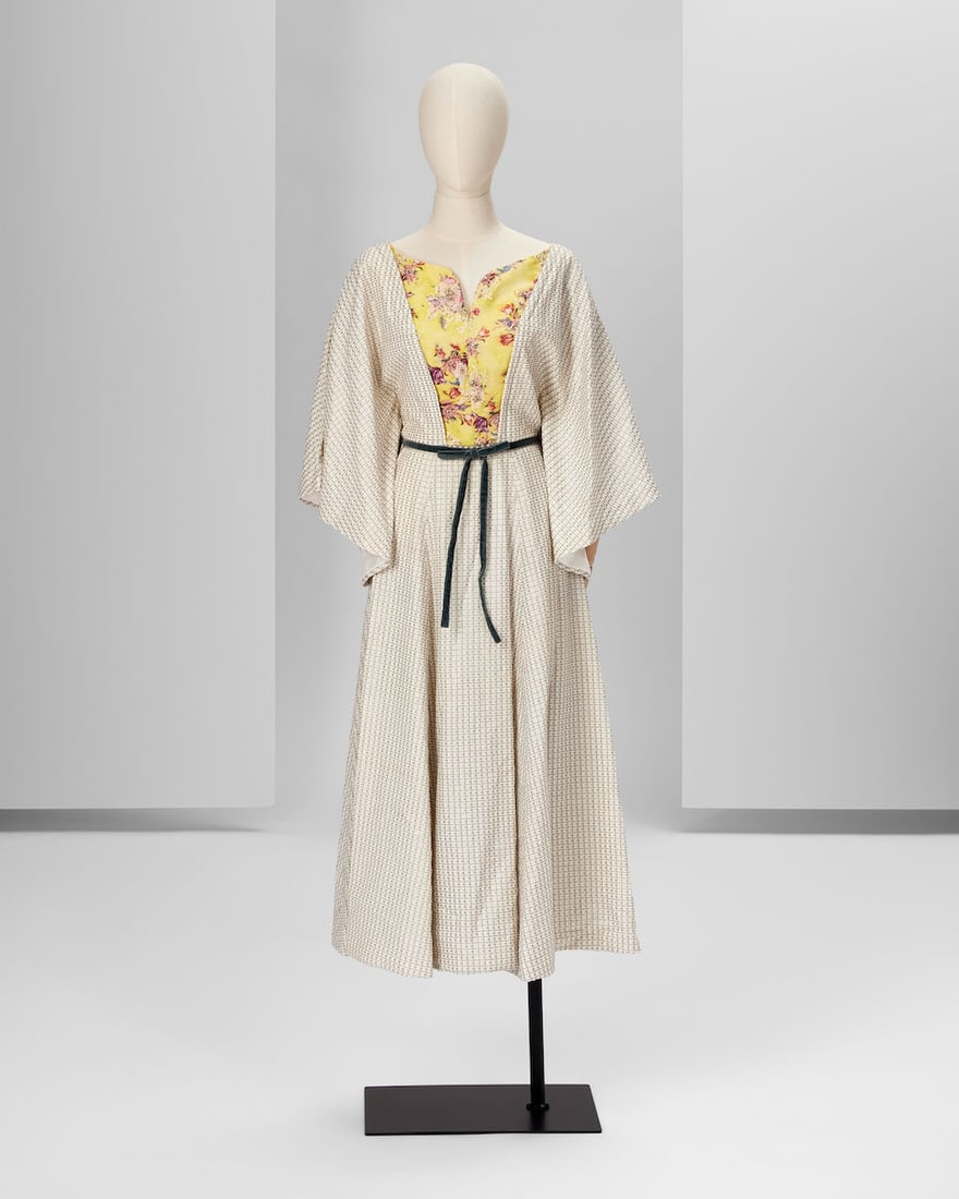 Ralph & Russo Haute Couture Exclusive: Ivory Cotton Jacquard Kaftan Midi Dress: Ralph & Russo Haute Couture Exclusive: Ivory Cotton Jacquard Kaftan Midi Dress Kimono sleeves and round godet skirt featuring a multicolour floral print insert on the front, velvet bow to