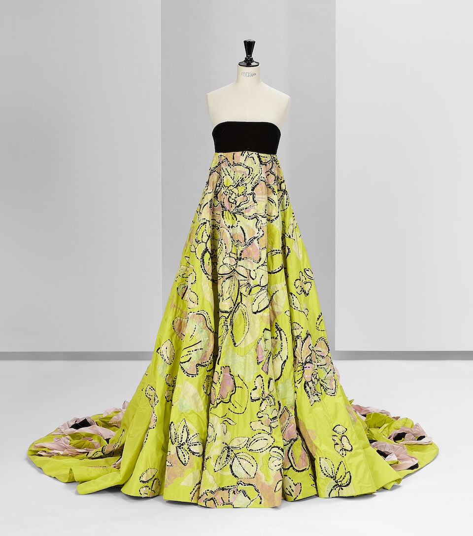 Ralph & Russo Haute Couture: Chartreuse Taffeta Gown Spring/Summer 2020, Runway Look 13: Ralph & Russo Haute Couture: Chartreuse Taffeta Gown Spring/Summer 2020, Runway Look 13 Chartreuse silk taffeta strapless gown, featuring a black velvet band and a floral design embellished in seq