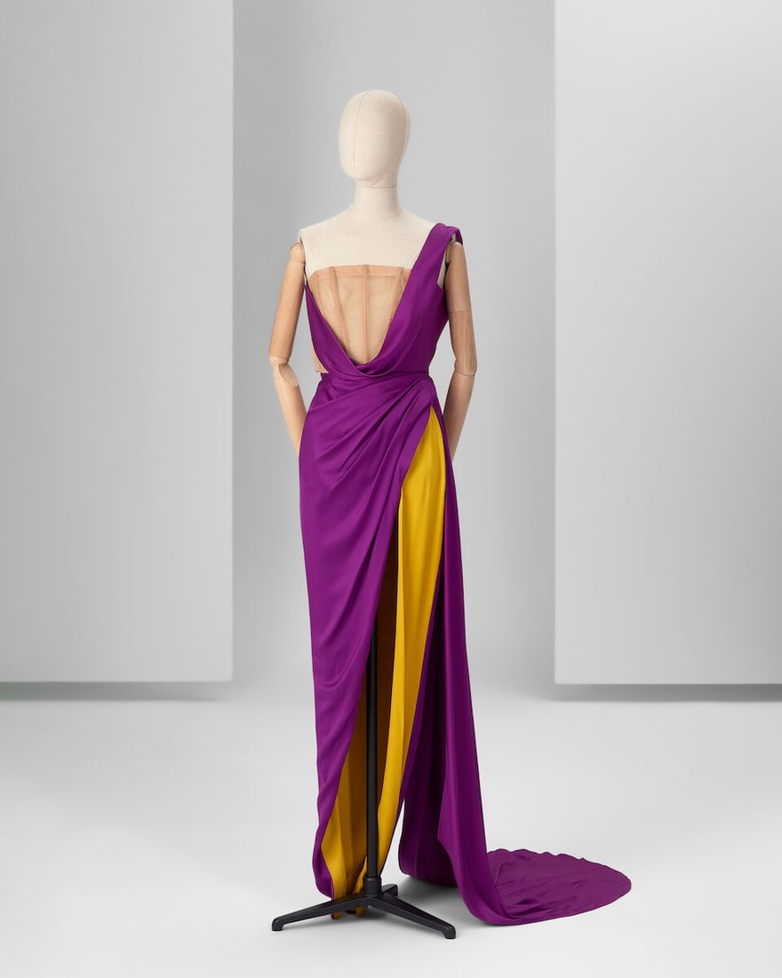 Ralph & Russo Haute Couture: Purple and Yellow Silk Double Satin Gown Autumn/Winter 2018, Runway: Ralph & Russo Haute Couture: Purple and Yellow Silk Double Satin Gown Autumn/Winter 2018, Runway Look 34 Draped shoulder detailing, thigh-high leg slit and velvet ribbon bow, original embroidery