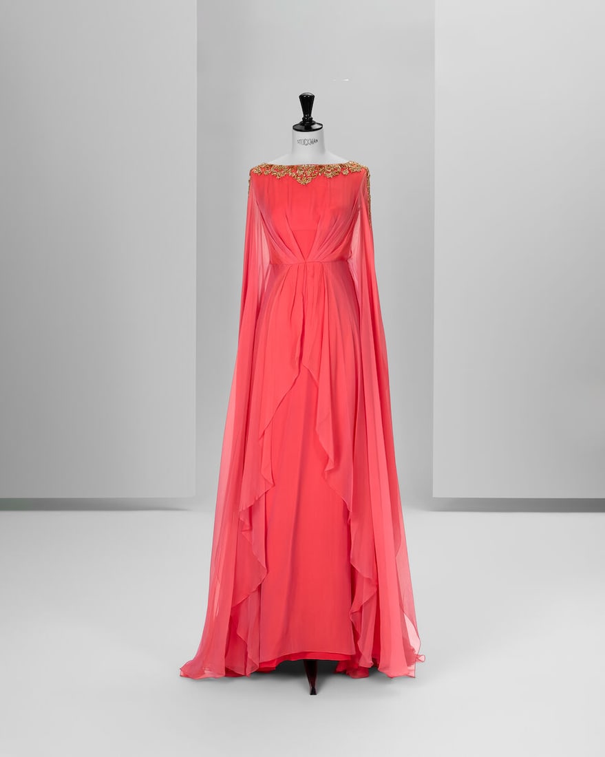 Ralph & Russo Haute Couture Exclusive: Cyclamen Pink Textured Silk Chiffon Kaftan Dress: Ralph & Russo Haute Couture Exclusive: Cyclamen Pink Textured Silk Chiffon Kaftan Dress Cyclamen pink textured silk chiffon kaftan dress, floor-length with wide kimono sleeves featuring a finger