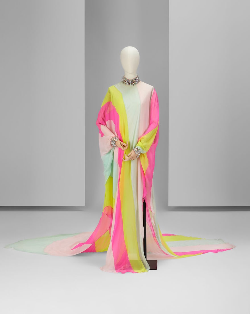 Ralph & Russo Haute Couture: Striped Chiffon Kaftan Gown Autumn/Winter 2018, Runway Look 13: Ralph & Russo Haute Couture: Striped Chiffon Kaftan Gown Autumn/Winter 2018, Runway Look 13 Fluorescent pink, yellow and aqua striped chiffon kaftan gown, featuring an encrusted cuff and collar,