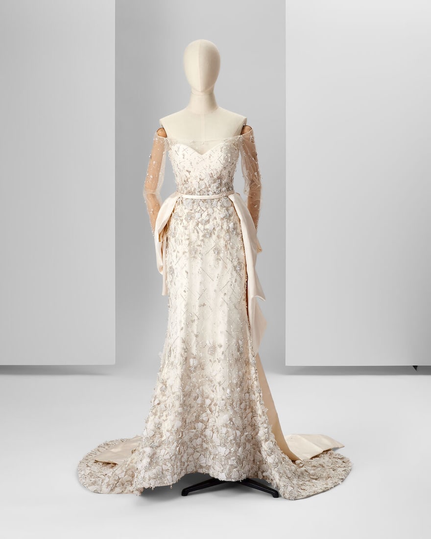 Ralph & Russo Haute Couture Exclusive: White Silk Embroidered and Lace Gown: Ralph & Russo Haute Couture Exclusive: White Silk Embroidered and Lace Gown White silk crêpe cady long gown with overlayered tulle embellished with 3D hand embroidery with pearls and crystals