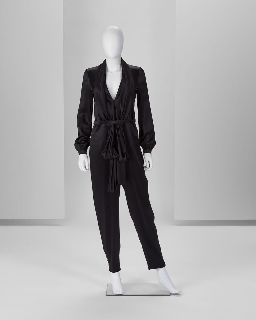 Ralph & Russo Haute Couture: Black Silk Satin Jumpsuit Autumn/Winter 2015, Runway Look 28: Ralph & Russo Haute Couture: Black Silk Satin Jumpsuit Autumn/Winter 2015, Runway Look 28 Black silk double satin plunge jumpsuit with cigarette style legs and long sleeves Approximate measurement