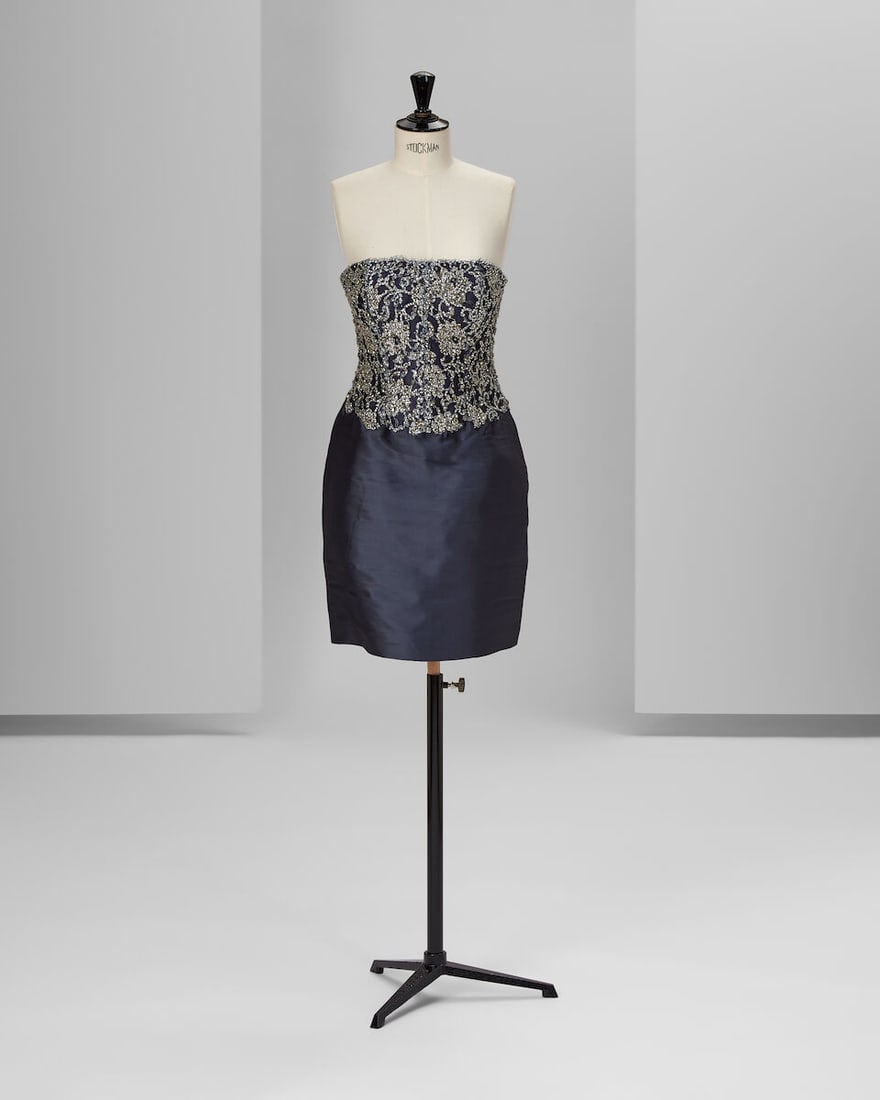 Ralph & Russo Haute Couture Exclusive: Midnight Blue Silk Mini Dress: Ralph & Russo Haute Couture Exclusive: Midnight Blue Silk Mini Dress Midnight blue silk gazar corset mini dress featuring a sequin hand embroidered lace layered bodice, scalloped edged at front Ap