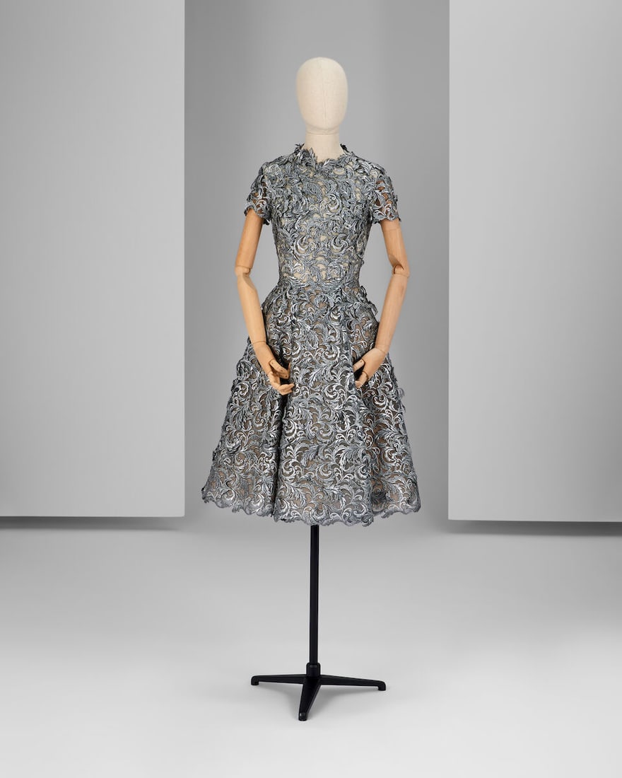 Ralph & Russo Haute Couture: Silver Guipure Lace Dress Autumn/Winter 2015, Runway Look 19: Ralph & Russo Haute Couture: Silver Guipure Lace Dress Autumn/Winter 2015, Runway Look 19 Metallic gunmetal guipure lace flared dress with 3D elements, metallic feather applique and short sleeves