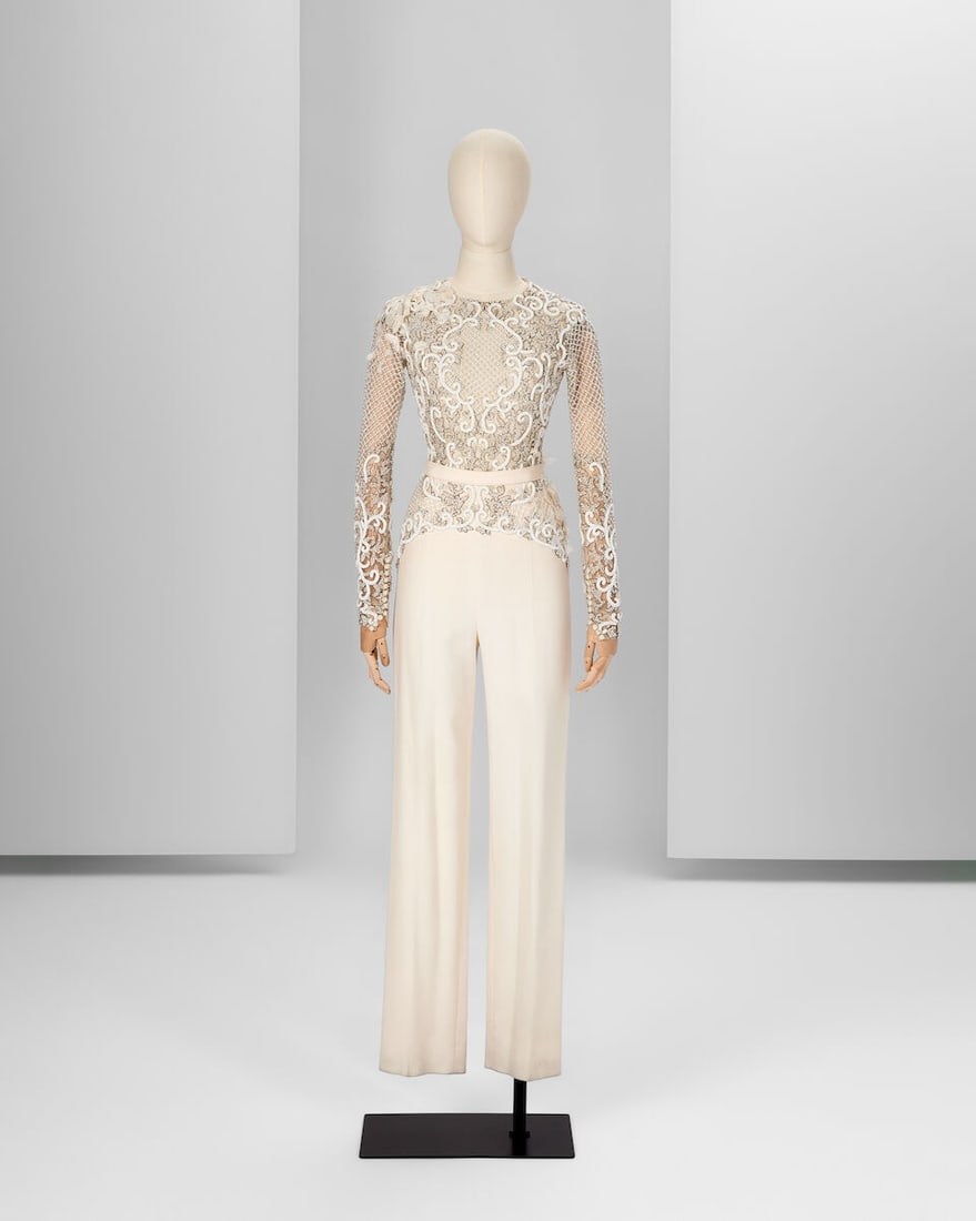 Ralph & Russo Haute Couture: Off-White Embellished Wool Crêpe Jumpsuit Autumn/Winter 2014, : Ralph & Russo Haute Couture: Off-White Embellished Wool Crêpe Jumpsuit Autumn/Winter 2014, Runway Look 4 Off-white wool crêpe jumpsuit with pearl and crystal embellishment Approximate me