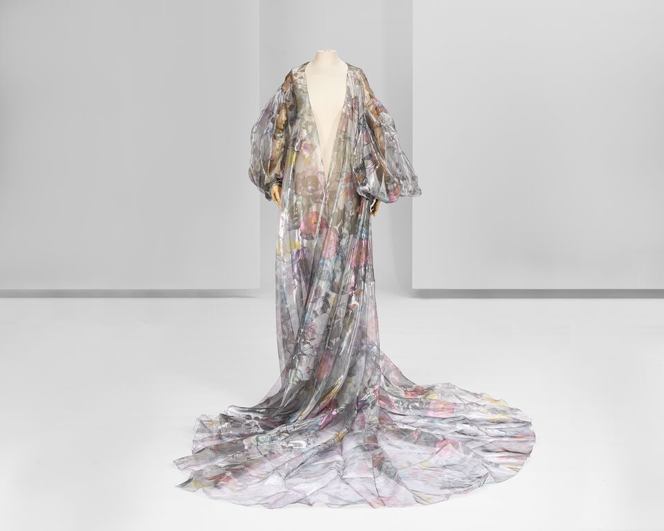Ralph & Russo Haute Couture: Metallic Floral Printed Silk Organza Opera Coat Spring/Summer 2020,: Ralph & Russo Haute Couture: Metallic Floral Printed Silk Organza Opera Coat Spring/Summer 2020, Runway Look 27 Metallic floral printed silk organza opera coat with balloon sleeves and long