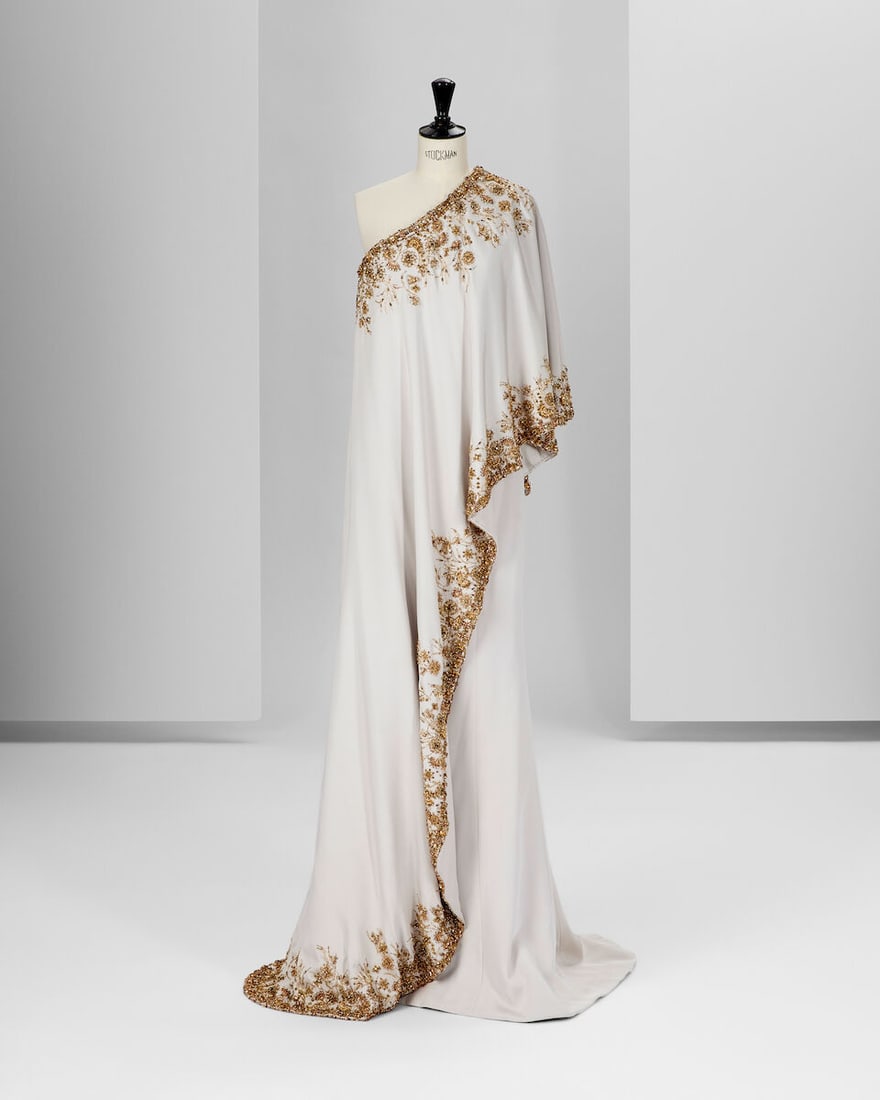 Ralph & Russo Haute Couture Exclusive: Pale Blue Silk Embellished Kaftan Dress: Ralph & Russo Haute Couture Exclusive: Pale Blue Silk Embellished Kaftan Dress Pale blue silk crêpe one-shoulder kaftan cape dress, encrusted with gold crystals, pearls and