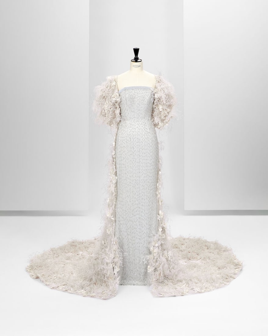 Ralph & Russo Haute Couture: Pale Grey Satin Chiffon Gown and Embroidered Tulle Coat Spring/Summ: Ralph & Russo Haute Couture: Pale Grey Satin Chiffon Gown and Embroidered Tulle Coat Spring/Summer 2017, Runway Look 25 Pale grey satin chiffon strapless gown with glass beads. Accompanied by a tu