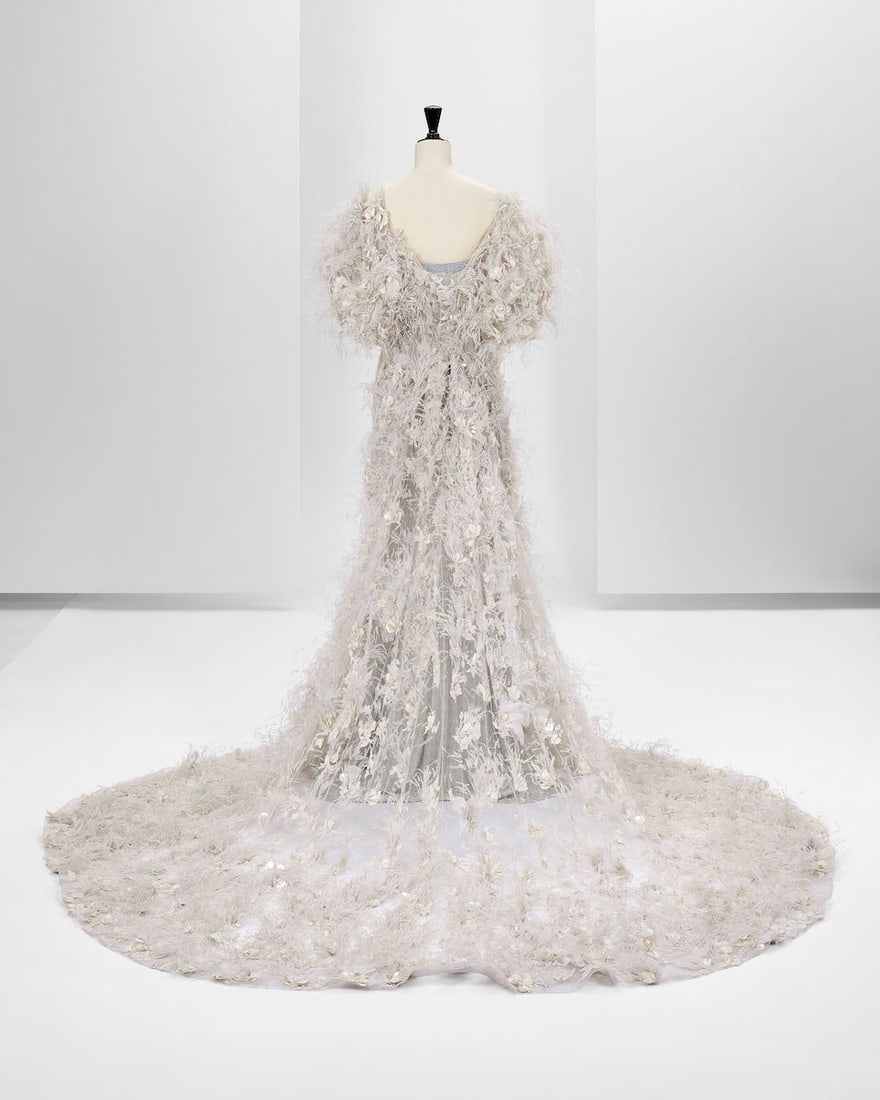 Ralph & Russo Haute Couture: Pale Grey Satin Chiffon Gown and Embroidered Tulle Coat Spring/Summ - 2