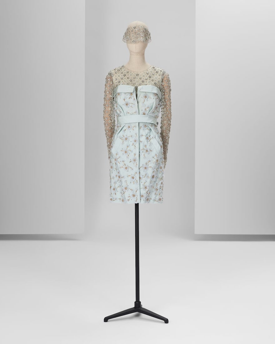 Ralph & Russo Haute Couture: Pale Cyan Embroidered Silk Mini Dress Spring/Summer 2017, Runway Lo: Ralph & Russo Haute Couture: Pale Cyan Embroidered Silk Mini Dress Spring/Summer 2017, Runway Look 47 Pale cyan silk faille mini dress and tulle bodysuit, hand embroidered with crystal pleated org