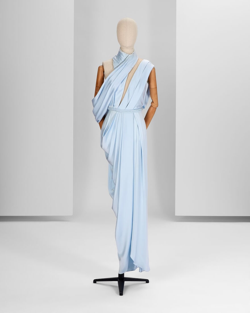 Ralph & Russo Haute Couture: Pale Blue Silk Satin Gown Autumn/Winter 2016, Runway Look 39: Ralph & Russo Haute Couture: Pale Blue Silk Satin Gown Autumn/Winter 2016, Runway Look 39 Pale blue silk double satin gown, asymmetrically draped with open back, keyhole front and braided belt Ap