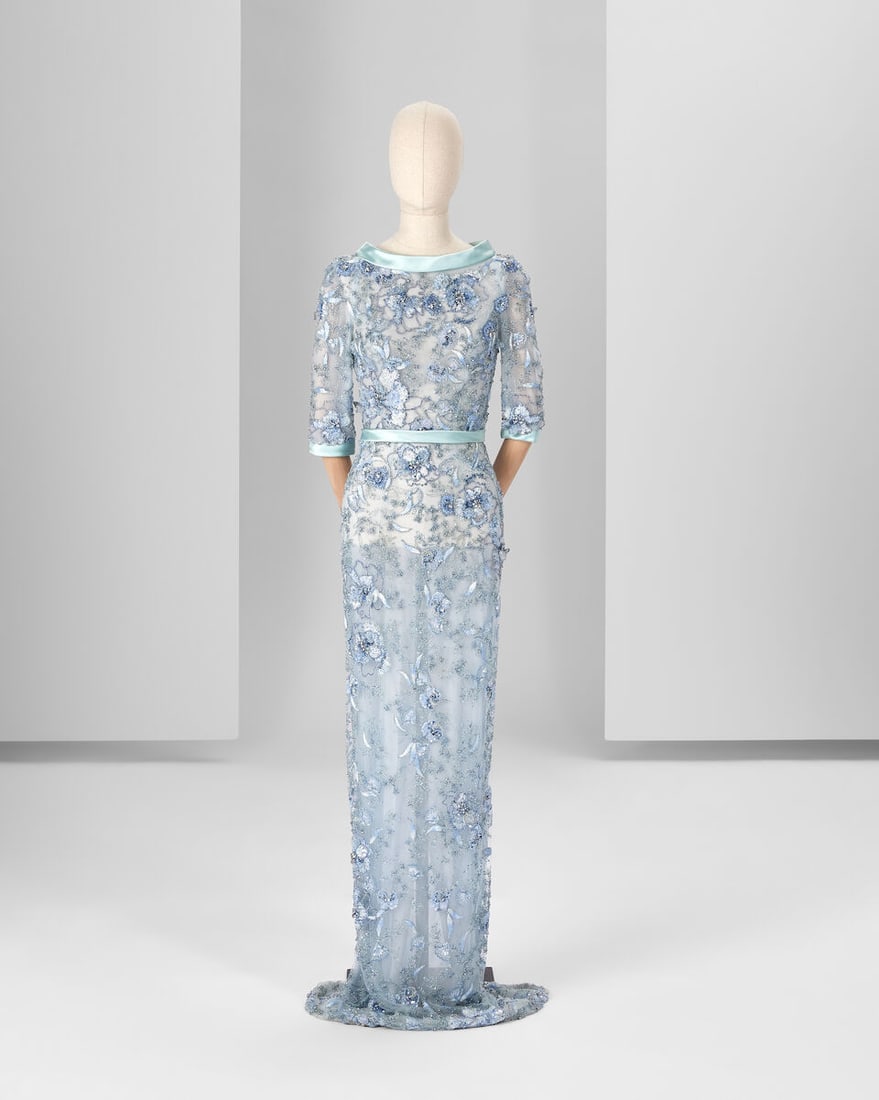 Ralph & Russo Haute Couture: Pale Blue Embroidered Gown Autumn/Winter 2019, Runway Look 12: Ralph & Russo Haute Couture: Pale Blue Embroidered Gown Autumn/Winter 2019, Runway Look 12 Pale blue illusion tulle gown framed with a frost mint silk duchess collar, cuffs and belt, hand embroide