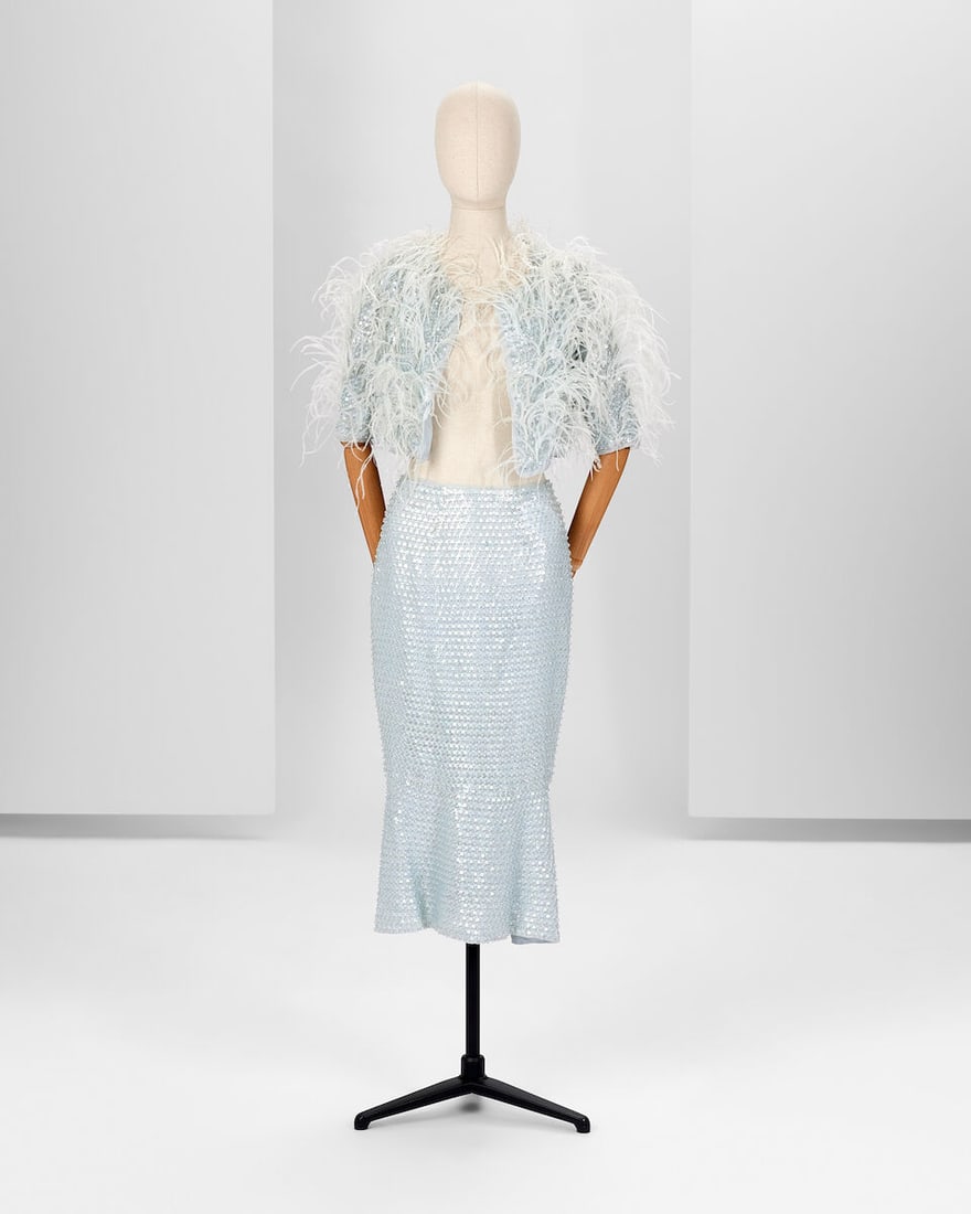 Ralph & Russo Haute Couture: Ostrich Feather and Sequin Cape and Skirt Spring/Summer 2016, Runwa: Ralph & Russo Haute Couture: Ostrich Feather and Sequin Cape and Skirt Spring/Summer 2016, Runway Look 8 Ostrich feather and sequin embroidered pale blue silk organza short jacket with tonal sequi