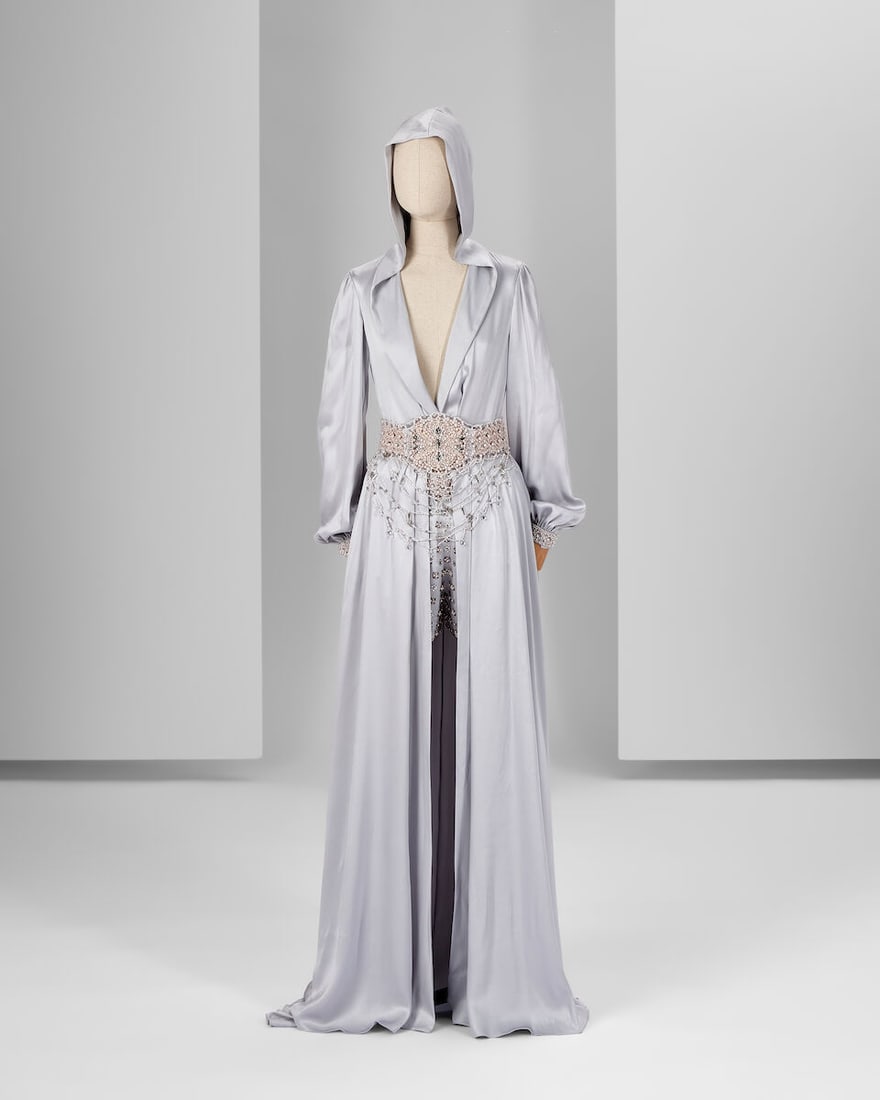 Ralph & Russo Haute Couture Sportwear: Ice Lavender Kaftan Set: Ralph & Russo Haute Couture Sportwear: Ice Lavender Kaftan Set Ice lavender double silk satin sporty look consisting of a fishtail kaftan-robe with hood and long bell sleeves with hand