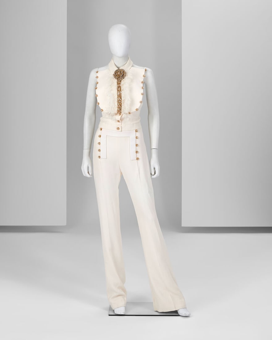 Ralph & Russo Haute Couture: White Crêpe Cady Jumpsuit with Gold Trim Autumn/Winter 2017, R (1 of 4)