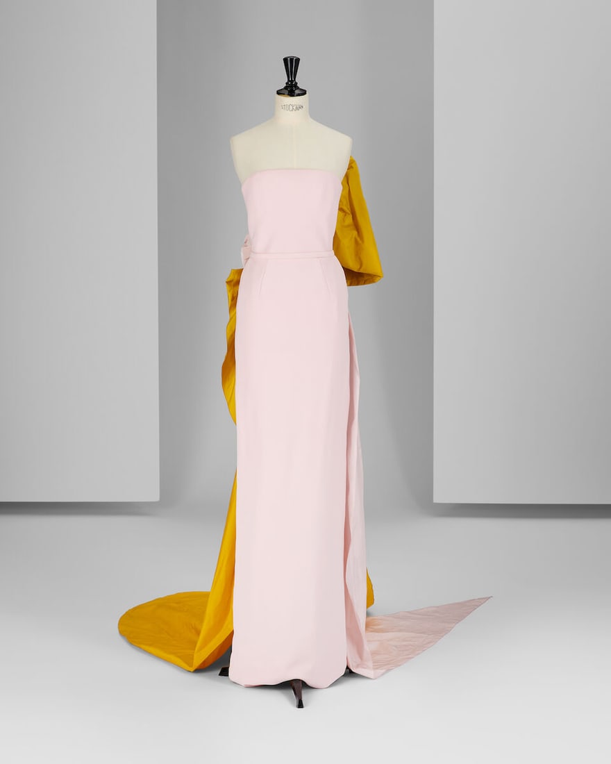Ralph & Russo Haute Couture: Pale Pink and Mustard Gown Spring/Summer 2020, Runway Look 43: Ralph & Russo Haute Couture: Pale Pink and Mustard Gown Spring/Summer 2020, Runway Look 43 Pale pink silk crêpe column gown, featuring oversized pale pink and mustard silk taffeta bows