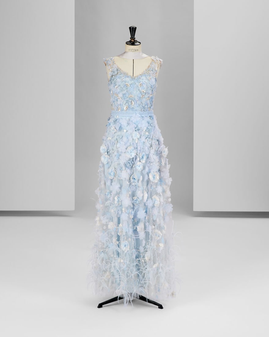 Ralph & Russo Haute Couture Exclusive: Pale Blue Embellished Tulle Gown: Ralph & Russo Haute Couture Exclusive: Pale Blue Embellished Tulle Gown Pale blue over layered embellished tulle sleeveless gown with fitted bodice, long round skirt and white double silk satin ti