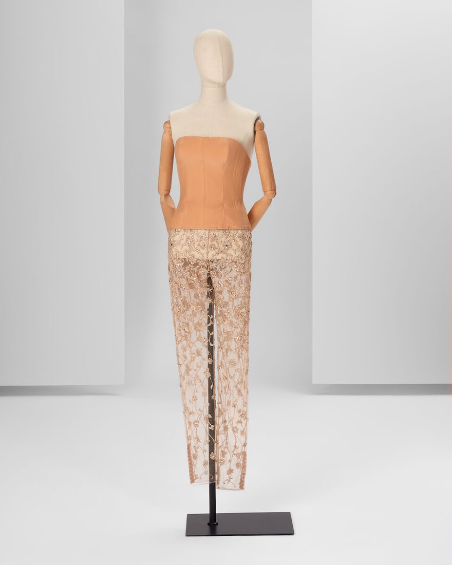 Ralph & Russo Haute Couture Exclusive: Rose Gold Embroidered Tulle Trousers and Silk Corset: Ralph & Russo Haute Couture Exclusive: Rose Gold Embroidered Tulle Trousers and Silk Corset Rose gold hand embroidered tulle fitted trousers paired with a rose gold double silk satin corset bodice