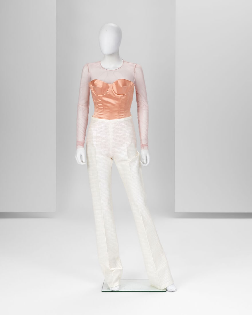 Ralph & Russo Haute Couture Exclusive: Off White Iridescent Silk Tweed Tailored Trousers, Pink T: Ralph & Russo Haute Couture Exclusive: Off White Iridescent Silk Tweed Tailored Trousers, Pink Tulle Top and Silk Satin Corset Bodice Custom made straight leg pants with side zip and thin in-built