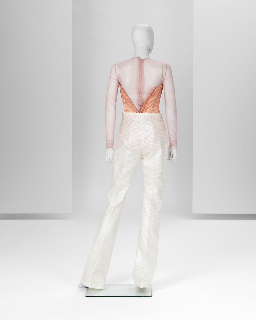 Ralph & Russo Haute Couture Exclusive: Off White Iridescent Silk Tweed Tailored Trousers, Pink T - 3