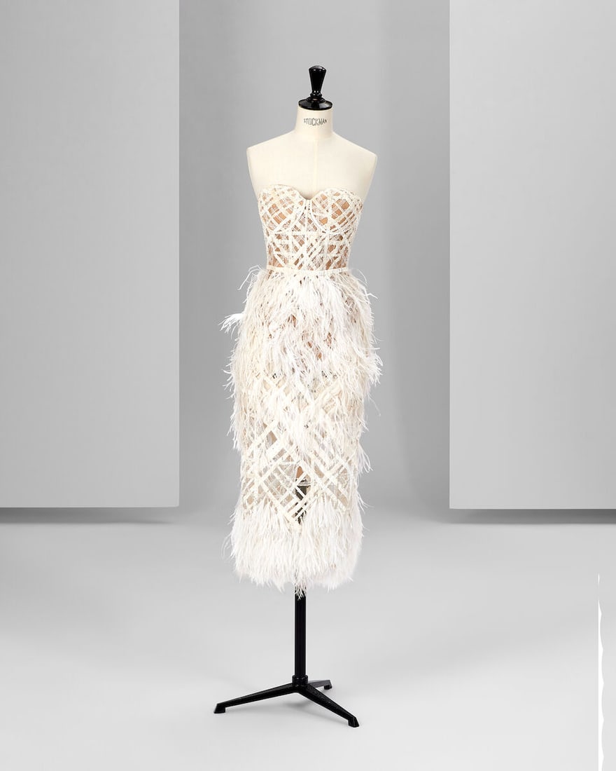 Ralph & Russo Haute Couture: Off-White Tulle Cocktail Dress Autumn/Winter 2018, Runway Look 5: Ralph & Russo Haute Couture: Off-White Tulle Cocktail Dress Autumn/Winter 2018, Runway Look 5 Off-white tulle cocktail dress, embellished with hand cut interlocking white velvet and tulle ribbons